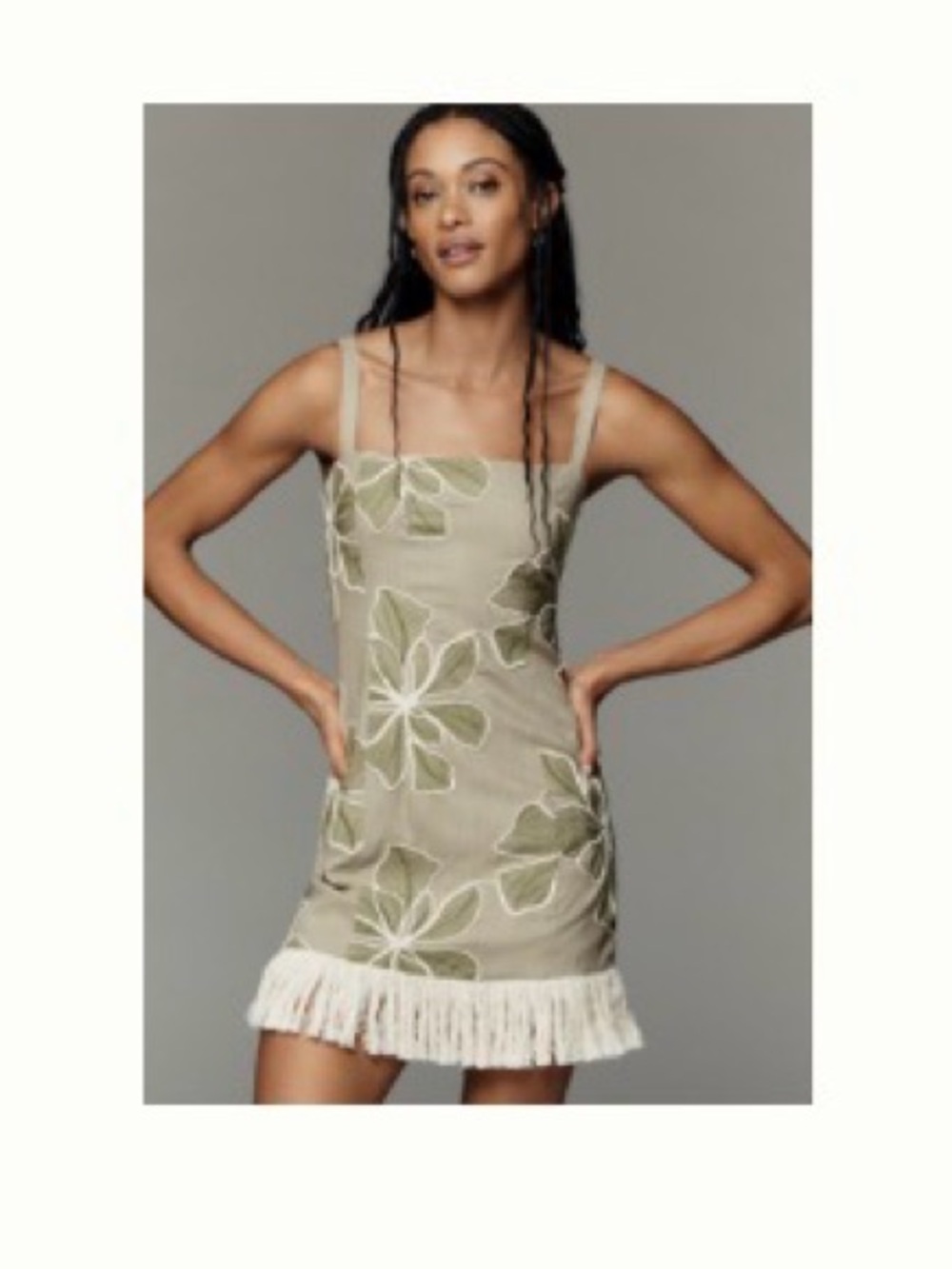 Anthropologie Beige Mini Dress with Olive Floral Embroidery and Fringe